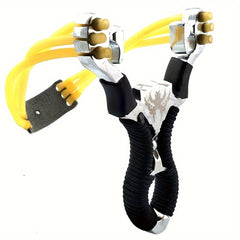High power aluminum alloy slingshot with rubber band suitable for hunting and fishing black and yellow design durable outdoor throwing tool precise shooting and fishing
