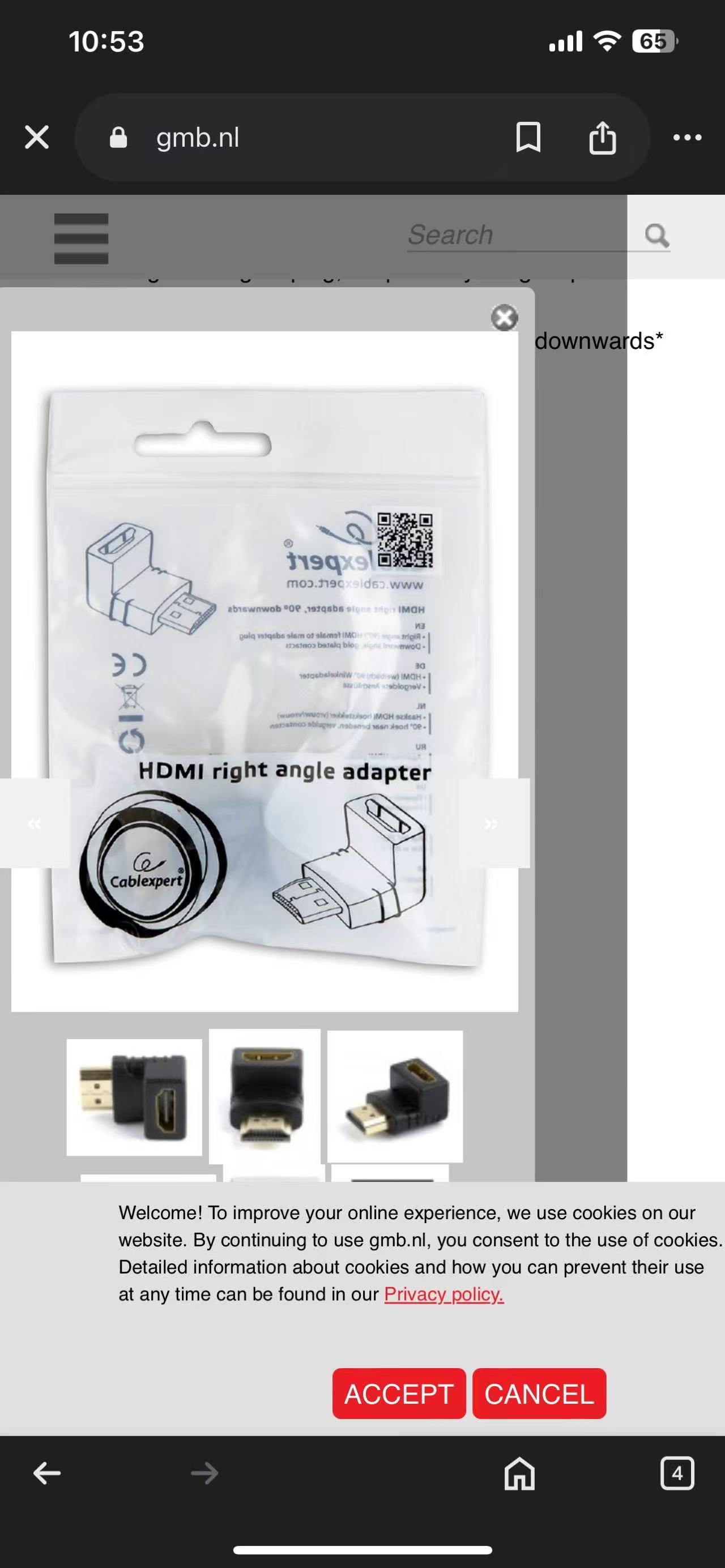 HDMI right angle adapter, 90° downwards