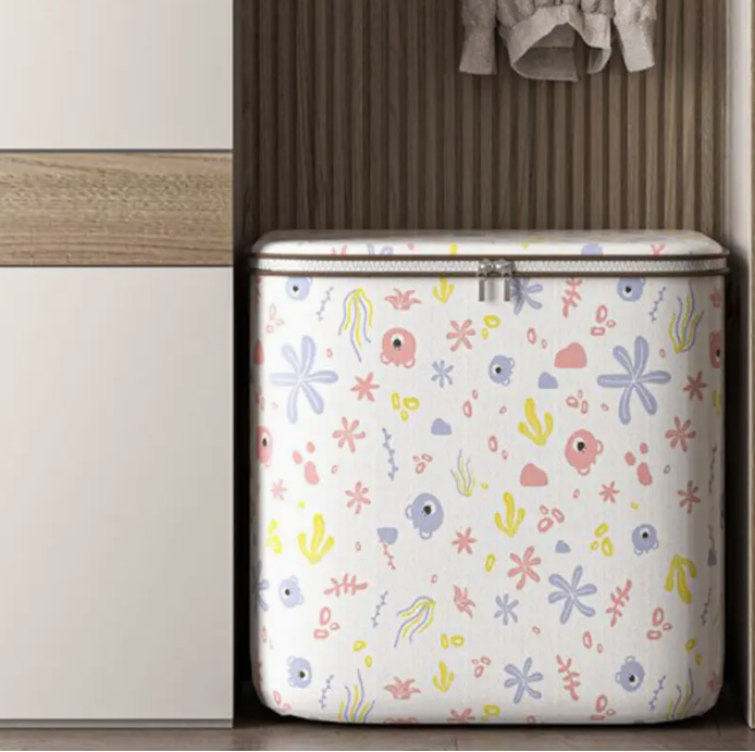 1pc Foldable Fabric Storage Bag with Cover, Casual PVC Material, Printed Design, Multifunctional Wardrobe Storage Bag, Dust-proof Clothes and Toys Container, Zipper Closure, Suitable for Going Out, Not Waterproof