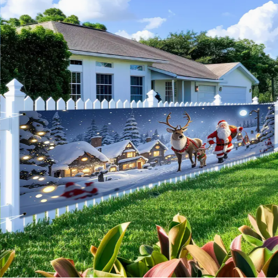 Christmas and New Year Polyester Banner 1 Pack (17 x 78 Inch) - Outdoor Santa Claus and Reindeer Moonlight Scene Hanging Flag, Decorative Entry Garden Banner for Holiday Celebrations,