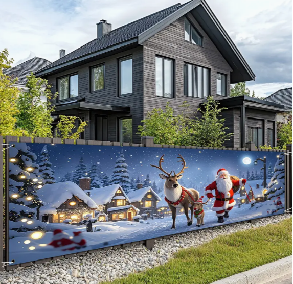 Christmas and New Year Polyester Banner 1 Pack (17 x 78 Inch) - Outdoor Santa Claus and Reindeer Moonlight Scene Hanging Flag, Decorative Entry Garden Banner for Holiday Celebrations,