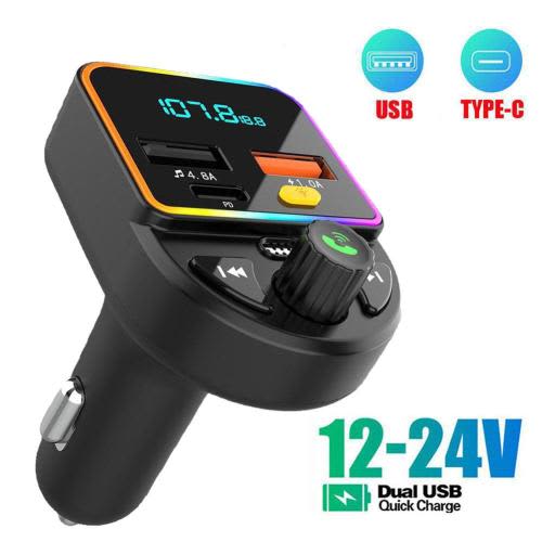 Car Bluetooth FM Transmitter PD Type-C Dual USB Fast Charger Ambient Light MP3 F