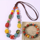 A Set of Two Includes a Necklace And a Bracelet Featuring a Dopamine Ceramic Necklace with Colorful Beads Handmade And Adjustable in Length Perfect for Women'S Fashion Accessories.