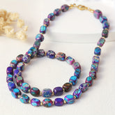 Handcrafted Bohemian Multilayer Natural Stone Necklace Purple & Blue Marbled Beads with Golden Accents Golden Tone Chain for Women Casual & Formal Jewelry Gift