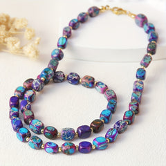 Handcrafted Bohemian Multilayer Natural Stone Necklace Purple & Blue Marbled Beads with Golden Accents Golden Tone Chain for Women Casual & Formal Jewelry Gift
