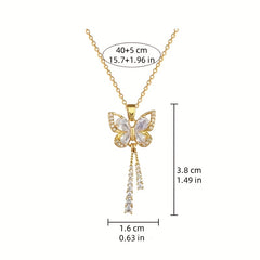 Exquisite Micro Inlaid Synthetic Cubic Zirconiaia Butterfly Tassel Stainless Steel Necklace with Perfect Gift for Fashion forward Women