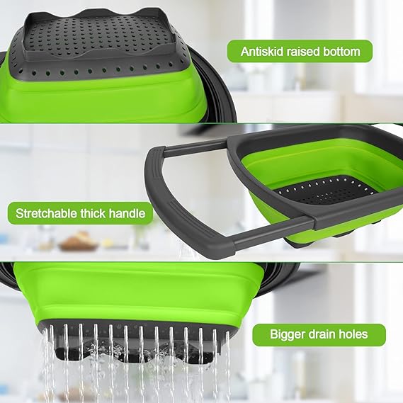 Silicone Collapsible Strainer with Extendable Handle Over Sink Drain Basket for Pasta, Vegetables, Fruits, Tableware, Home, Kitchen
