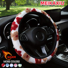 1pc MEIKAXIU Winter Plush Flower Design Flannelette Car Steering Wheel Cover Universal Fit for 36.83 38.1 cm Wheels Comfortable Warmth No Inner Circle Suitable for Men and Women