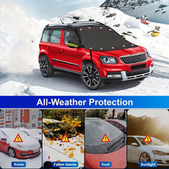 Upgraded model equipped with a fixed elastic hook for the car's snow and sunshade black windshield cover. Suitable for most vehicles it features 9 strong magnets and a rearview mirror cover that securely attaches to the car body. The thickened automotive