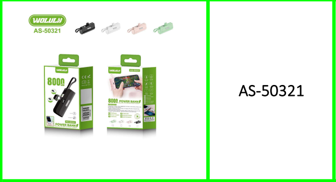 Wolulu 8000Mah Mini Power Bank. Type C, Lightning & V8 Pins