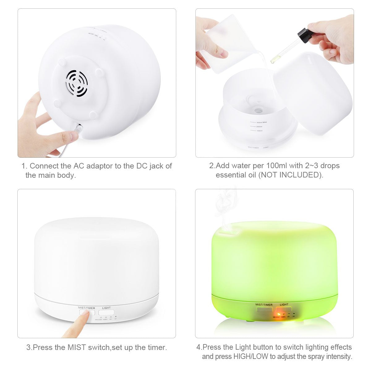 aromatherapy diffuser, with 7 LED colours, BPA-free, for essential oils, ultrasonic humidifier for the bedroom
