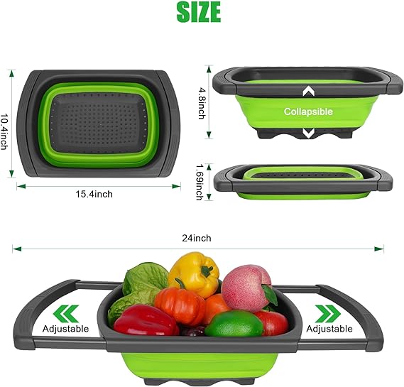Silicone Collapsible Strainer with Extendable Handle Over Sink Drain Basket for Pasta, Vegetables, Fruits, Tableware, Home, Kitchen