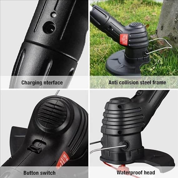 Electric Grass Cutting Machine for Home Garden, Portable Light Weight Lawn Mower with 4 Switchable Nylon Blades and 1 Metal Blade, Rechargable & Retractable