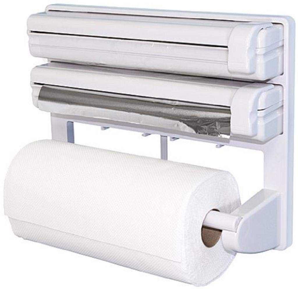 3 in 1 Foil Cling Film Tissue Paper Roll Holder for Kitchen with Spice Rack -White | Kitchen Triple Paper Roll Dispenser & Holder for Tissue Paper Roll