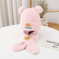 's Autumn and Winter Bear Knit Hat Unisex Warm Pullover Cap and Scarf Set