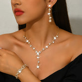 Elegant & Sexy Rhinestone Jewelry Set 18K Golden Plated Copper Stainless Steel Posts Perfect for Parties & Vacations Includes Necklace Earrings and Bracelet Ideal for Thanksgiving Day All Season Wear Party Jewelry|Elegant Jewelry|Durable Jewelry