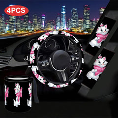 4pcs Disney Marie Cat Car Set with Marie & Pink Bows Cute Steering Wheel Cover 2 Adjustable Seat Belt Protectors & Marie Themed Trash Can Fit for (Marie Fans) Auto Interior Decor