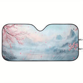 Car Windshield Sun Shade with Classical Landscape Design Cherry Blossoms Misty Mountains & Water Reflections Lightweight UV Protection Sun Visor Suction Cup Mount for SUVs Trucks Cars Car Window Sun Shade Vehicle Interior Cooler Serene Design E
