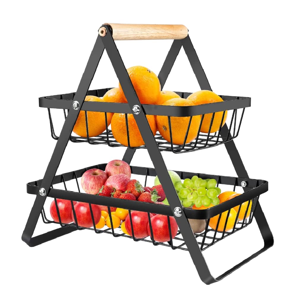 Home Metal Serving Fruit Bowl 2 levels -Black