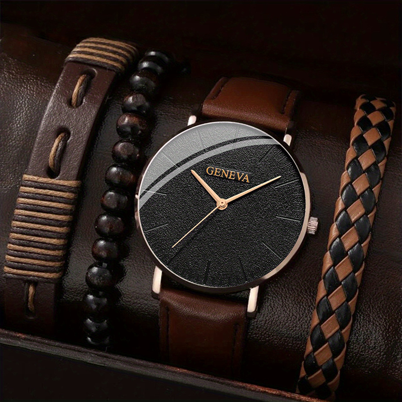 1 Piece Casual Business Men's Quartz Watch And 3 Pieces Bracelets