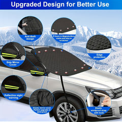 Upgraded model equipped with a fixed elastic hook for the car's snow and sunshade black windshield cover. Suitable for most vehicles it features 9 strong magnets and a rearview mirror cover that securely attaches to the car body. The thickened automotive