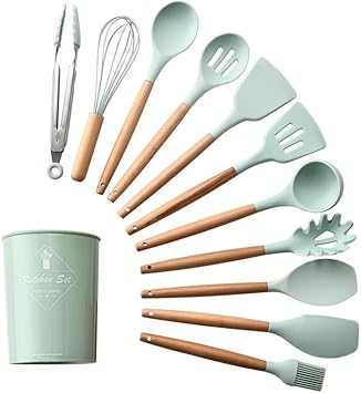 12 Piece Silicone Kitchen Utensils Set – Complete Silicone Utensil Set with Spatula, Spoon, and Kitchen Accessories – Non-Toxic Cooking Utensils with Kitchen Utensil Holder - Green