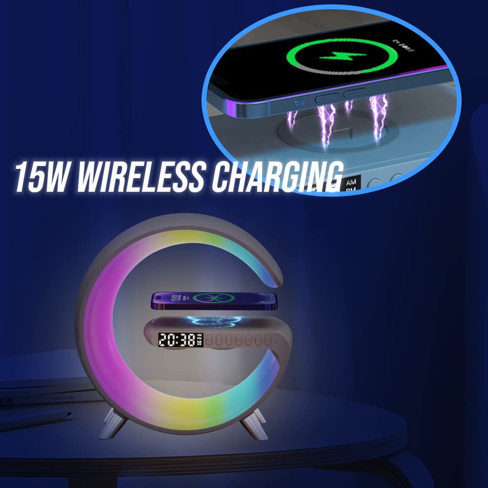 Multifunctional Wireless Charger Alarm Clock Speaker, 2023 Wireless Charger Atmosphere Lamp, Intelligent Bluetooth Speaker Wireless Mobile Phone Charger LED Lamp