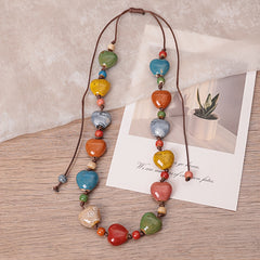 Bohemian Style Ceramic Pearl Adjustable Necklace Handmade High Temperature Fired Multicolor Rose Pattern Gemstone Versatile Sweater Chain. Bohemian Fashion Jewelry Perfect for Daily Wear and Special Occasions Ideal Gift for Valentine'S Day Mother'