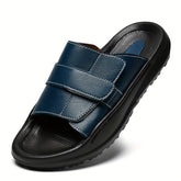 FCSHOU Men's All Season Genuine like Slip On Slippers Sandals Adjustable Buckle Strap Navy Blue/Grey/Brown/Black PU Cushioned Insole & Sole Casual /Outdoor Moccasins for Home Office Beach No Socks Needed