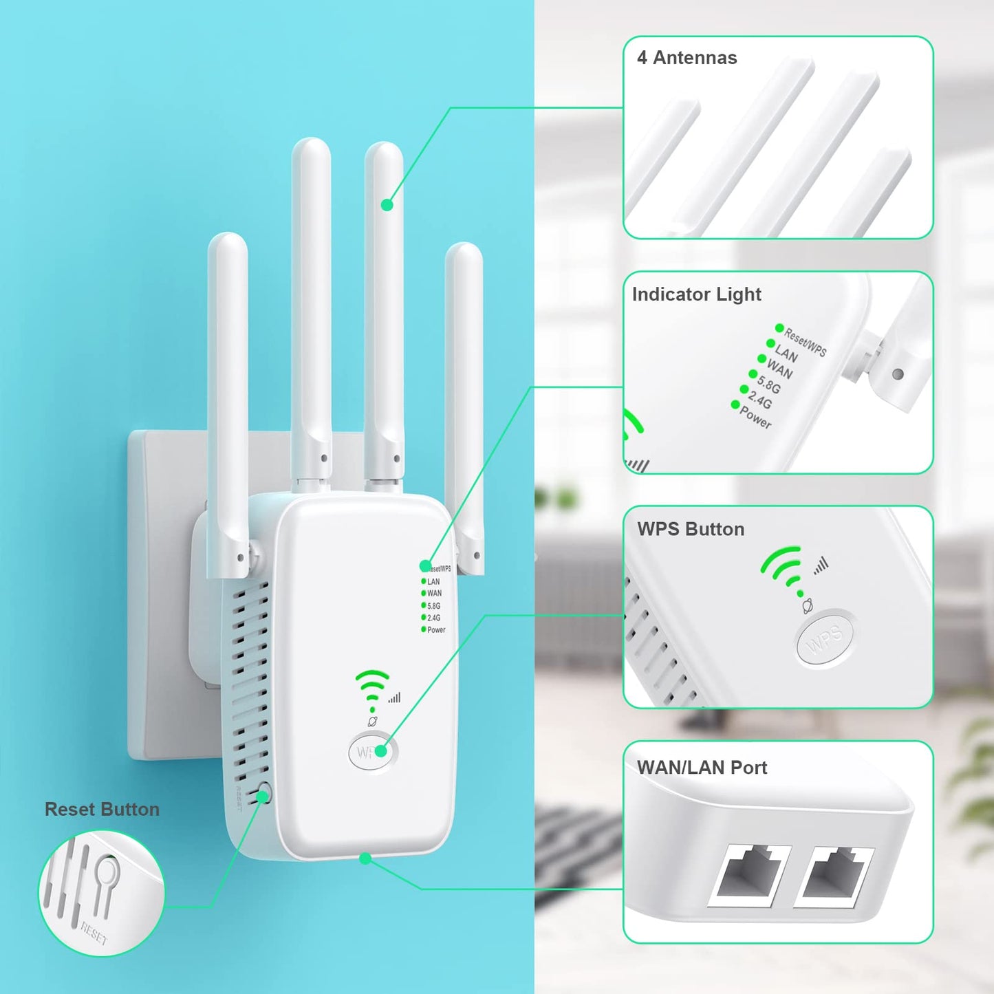 Repeater 1200 Mbit/s WLAN Amplifier WiFi Repeater Dual Band 5 GHz & 2.4 GHz WiFi Extender 2 Ethernet LAN/WAN Ports, 4 Antenna, WPS with Repeater/Router/AP Mode