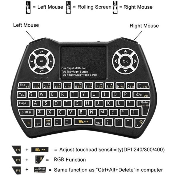 XF0752 Wireless Mini RGB Backlit Keyboard Air Mouse Remote Control