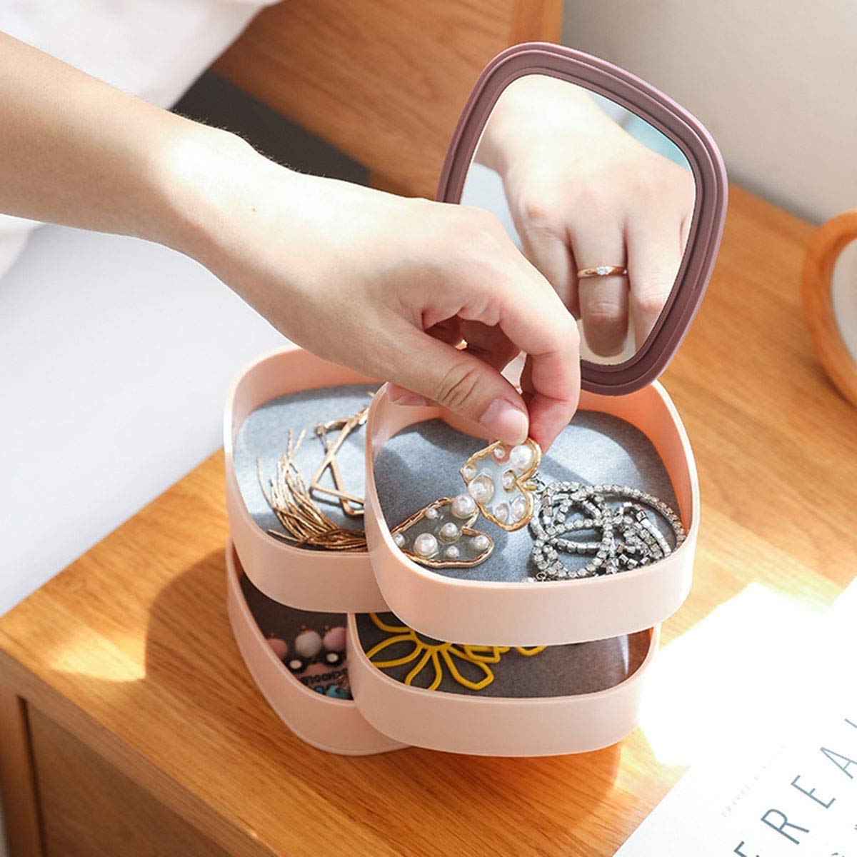 MYHEART® 4-Layer Rotatable Jewelry Accessory Storage Tray with Lid for Rings Bracelets,Dressing table cosmetic Small Jewelry Box Earring Holder for Women, Jewelry Storage Box