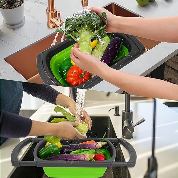 Silicone Collapsible Strainer with Extendable Handle Over Sink Drain Basket for Pasta, Vegetables, Fruits, Tableware, Home, Kitchen