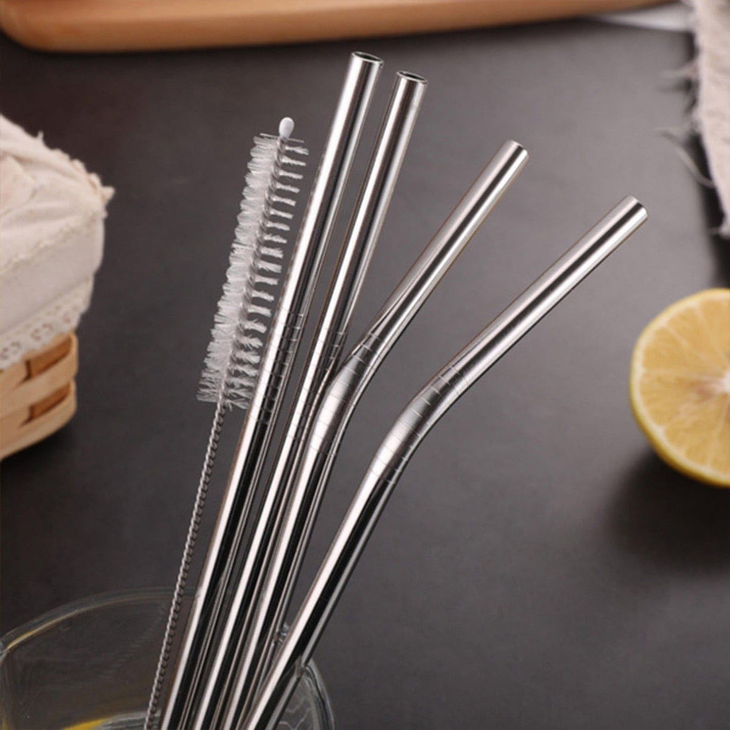 Set of 4 Stainless Steel Straws & Brush (2 Straight Straws, 2 Bent Straws, 1 Brush)