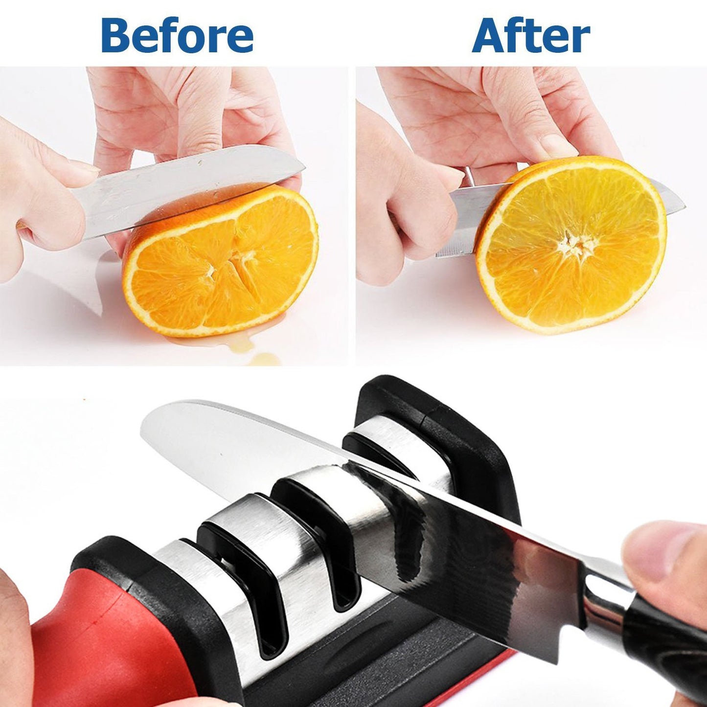 ResArea Knife and Scissor Sharpeners 3 Stage Knife Sharpener 3-in-1 Knife and Scissors Sharpener with Non-Slip Grip for Kinds of Knives Sharpening Tool Kitchen Gadget Red