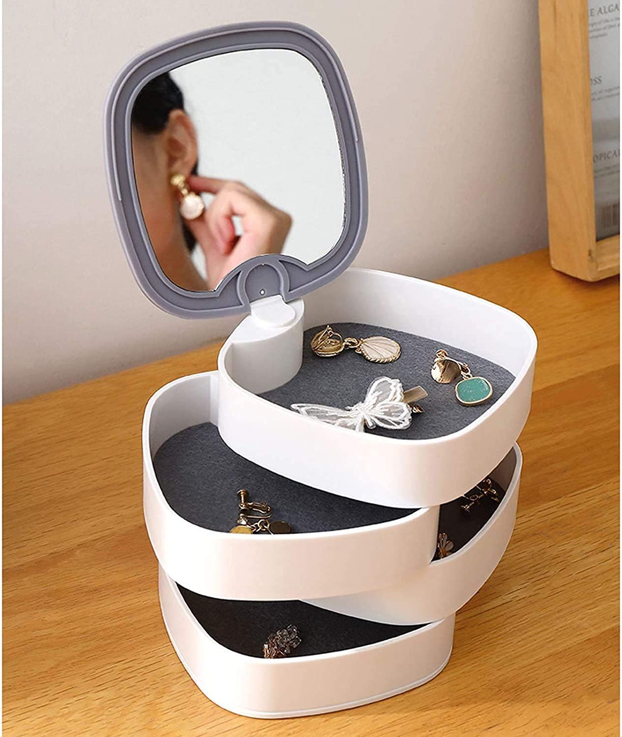 MYHEART® 4-Layer Rotatable Jewelry Accessory Storage Tray with Lid for Rings Bracelets,Dressing table cosmetic Small Jewelry Box Earring Holder for Women, Jewelry Storage Box