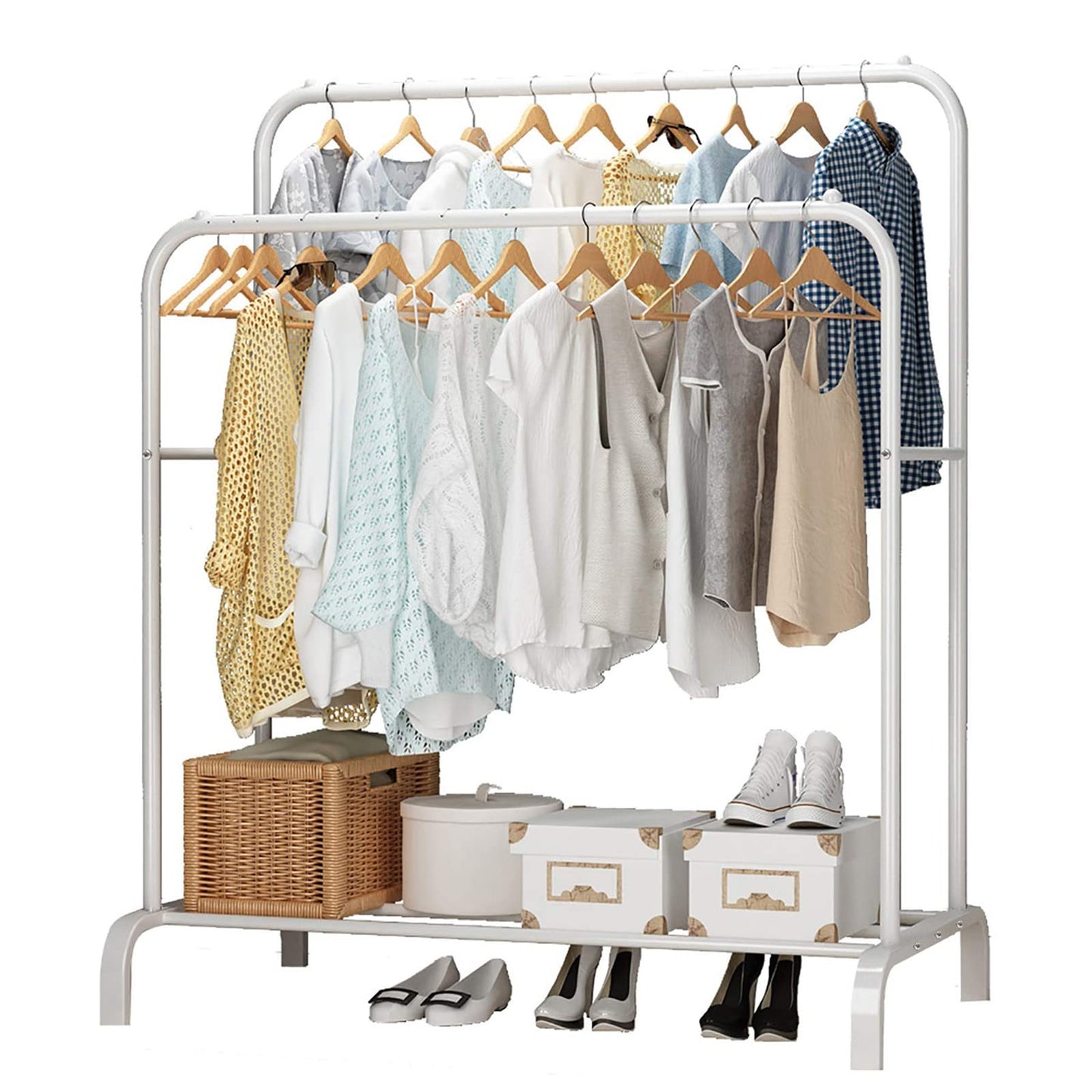 Monoptilon Clothes Rack with Double Rods 110cm, Metal Garment Rack Coat Rack Shoes Rack, Clothes Rail Stand, Multipurpose Clothes Hanger Organizer