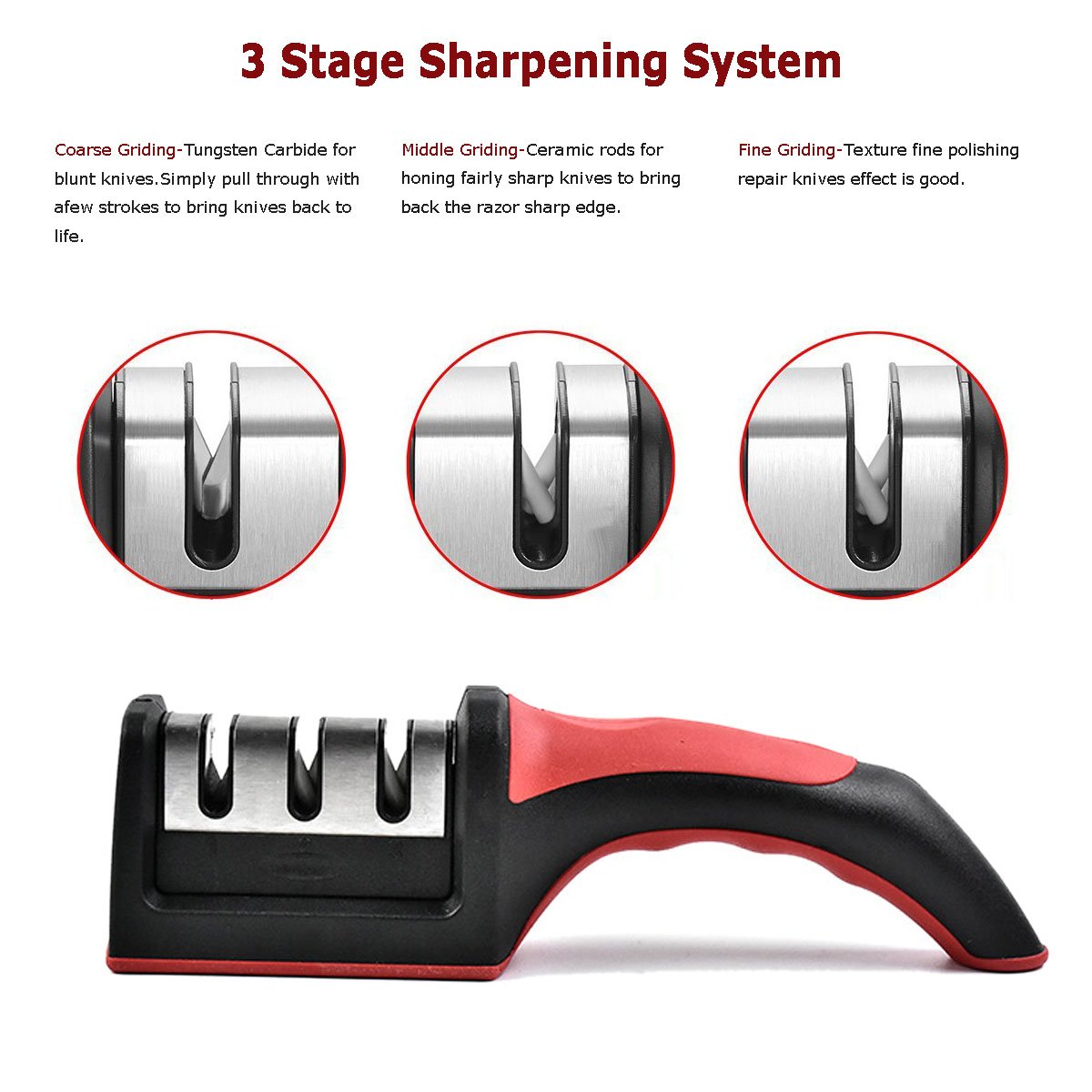 ResArea Knife and Scissor Sharpeners 3 Stage Knife Sharpener 3-in-1 Knife and Scissors Sharpener with Non-Slip Grip for Kinds of Knives Sharpening Tool Kitchen Gadget Red