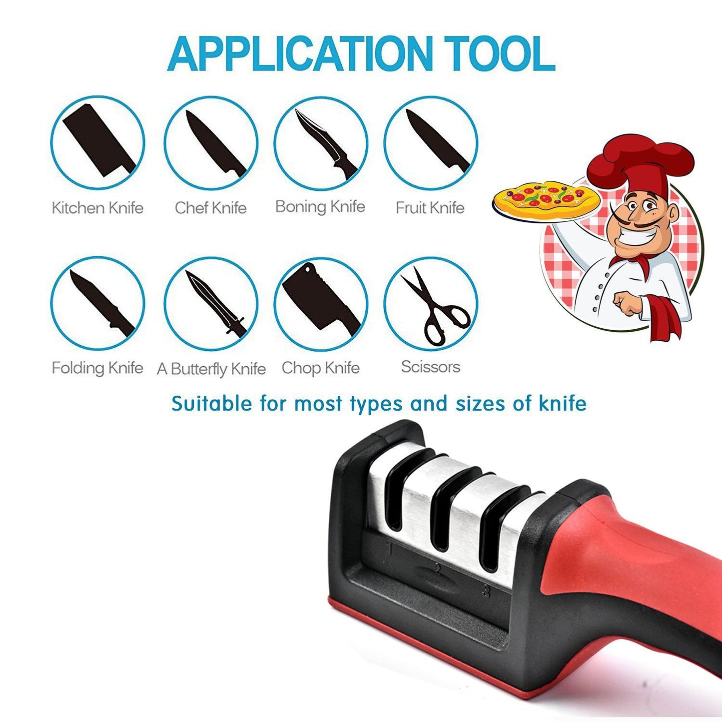 ResArea Knife and Scissor Sharpeners 3 Stage Knife Sharpener 3-in-1 Knife and Scissors Sharpener with Non-Slip Grip for Kinds of Knives Sharpening Tool Kitchen Gadget Red