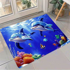 1pc Blue Ocean Cartoon Dolphins & Fish Bath Mat Dirt & Machine Washable 100% Polyester Comfort Pad for Bathroom Living Room Christmas Gifts Bath Mats for Bathroom Festive Gift Item Vibrant Underwater Theme Durable Floor Covering