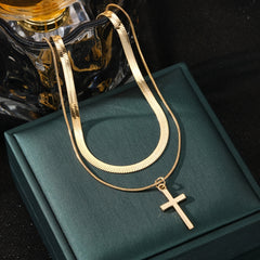 2pcs Layered Golden Toned Cross Pendant Necklace Set for Layered Snake Chain Double Cross Pendants Minimalist Everyday & Party Year Round Versatile Necklace Combo ( Golden Look No Plating) Gift Ready