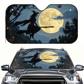 1pc Gothic Witch Flying on Broomstick with Bats & Moon Sun Visor Fit Glowing Eyes Design Dark Night Sky & Witches Hat Premium Sun Protection for Family Road Trips Spooky Accessories (Halloween & Everyday Use) Easy Clip On Installation Durable