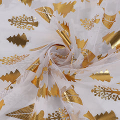 1pc Sparkling Golden Christmas Organza Fabric Large Roll (149.86cm x 50.04cm) Pre Cut Sheer Gauze with Golden Pine Trees Holly & Snowflakes Print 100% Polyester for DIY Wedding Party Decorations Tablecloth Drapes Quilting Shimmering Golden