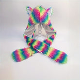 Striped Color Hat with Integrated Scarf and Gloves Cartoon Cute Fluffy Beanie