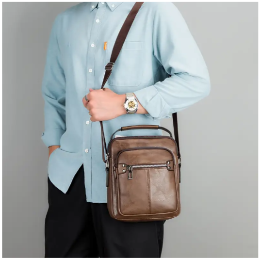 Men's Business Casual Faux Leather Crossbody Bag - Large Capacity, Adjustable Shoulder Strap, Dark Brown Multi-Pocket Design