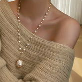 Women's Elegant Baroque Freshwater Pearls Necklace Hand Knotted Long Chain with Large White Freshwater Pearls & Golden Tone Cap Luxury French Classic Statement Jewelry for Casual Attire or Gift Dainty Layered Necklace for Formal Events Year Round Ver