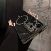 Luxurious And Stylish Two Tone Magnetic S25 Ultra Metal Magnetic Transparent Phone Case Suitable for S25 S24 S23 S22 Ultra Plus S24FE. The Lens Frame Can Be Opened As a Stand Supports Wireless Charging And Protects Your Phone with a Dual Color Prote