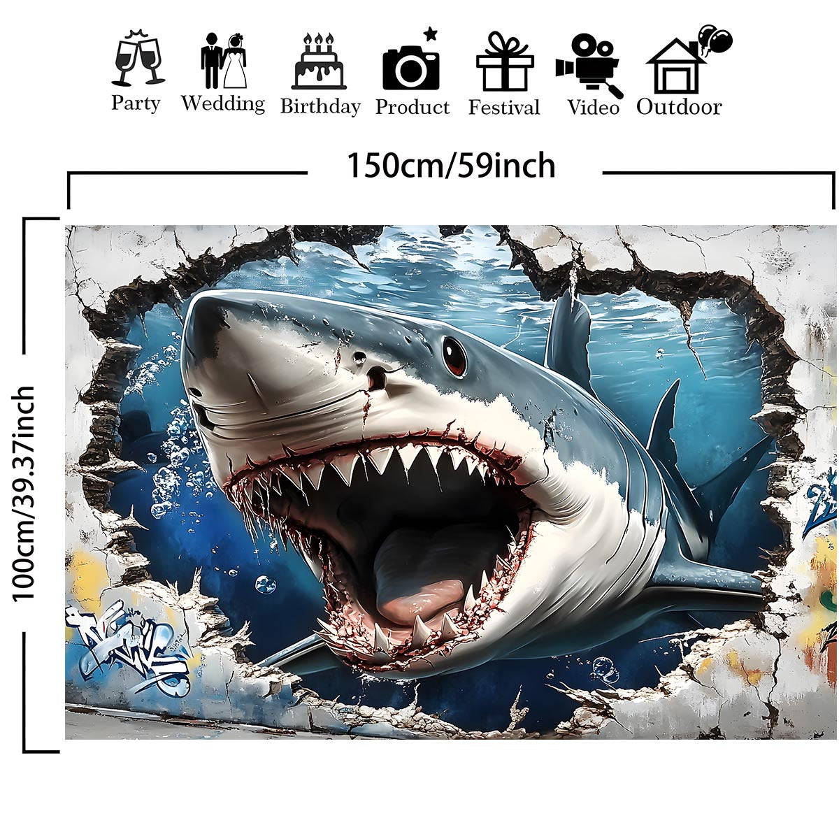 1pc Giant 3D Shark Wall Sticker, Polyester Easy Hanging Background Banner for Room and Garden, Multipurpose Non-Electric Party Photo Backdrop for Wedding, Birthday, Anniversary, All Seasons