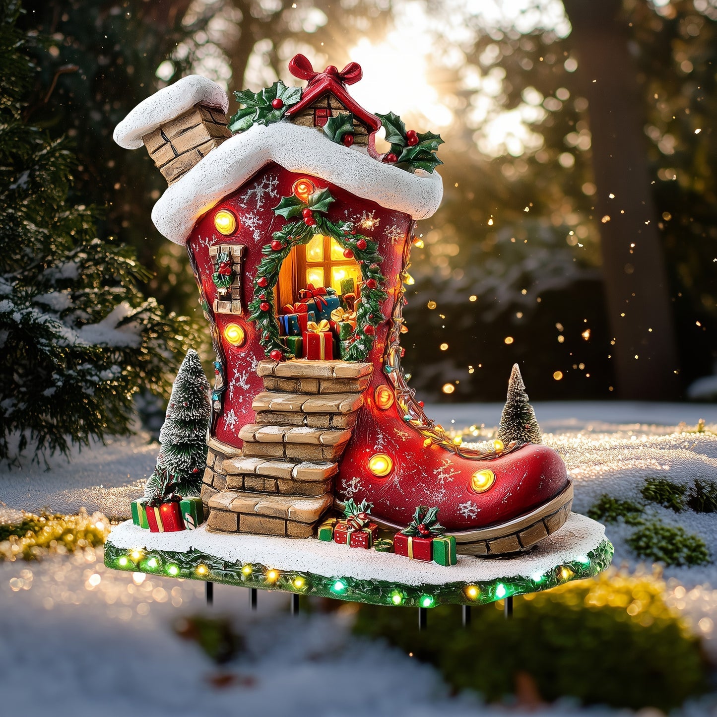 1pc Solar Powered Christmas Elf Boot House Garden Stake, Acrylic Planter Design, Fairy Theme Outdoor Decorative Light Catcher for Lawn, Patio, Home - Holiday Decoration