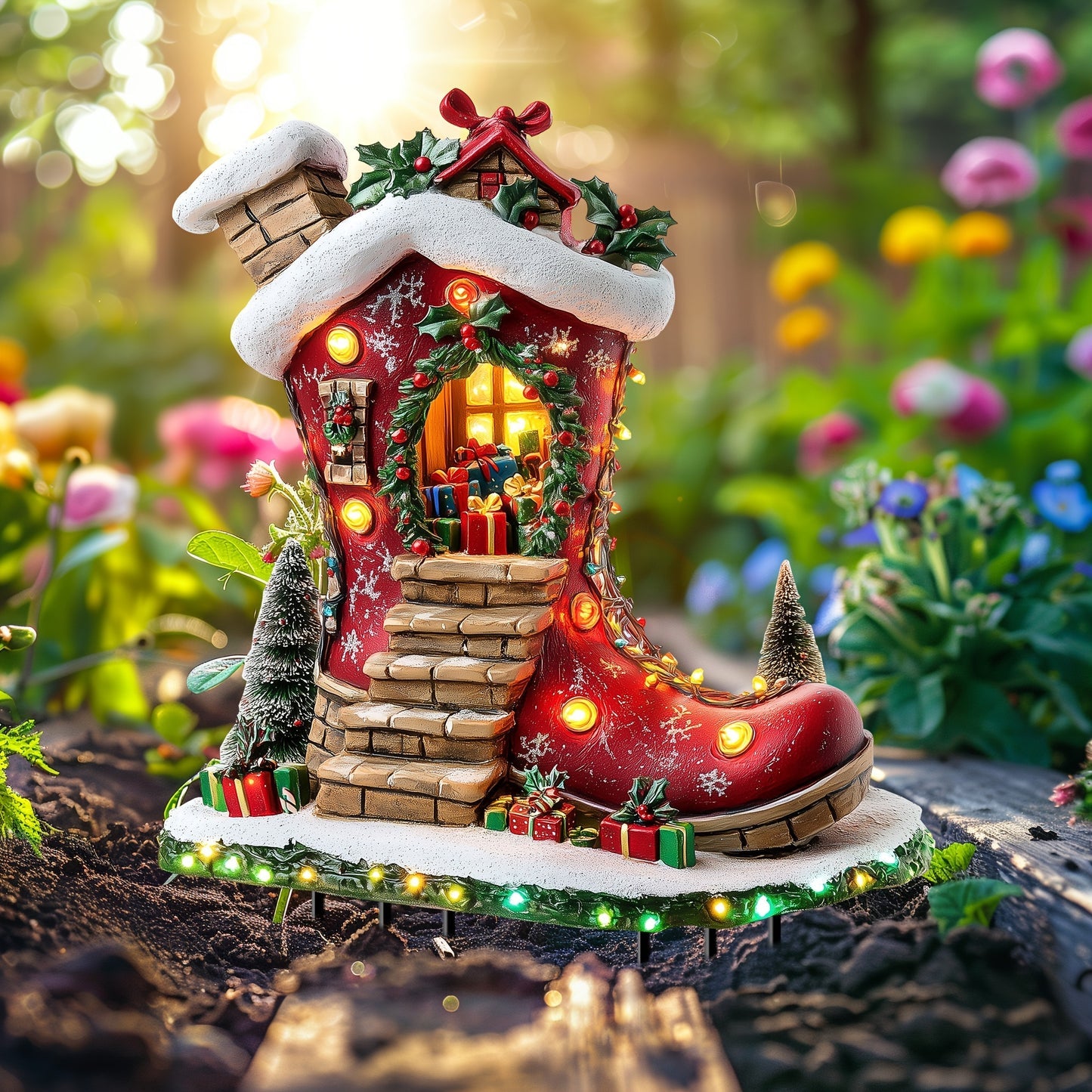 1pc Solar Powered Christmas Elf Boot House Garden Stake, Acrylic Planter Design, Fairy Theme Outdoor Decorative Light Catcher for Lawn, Patio, Home - Holiday Decoration
